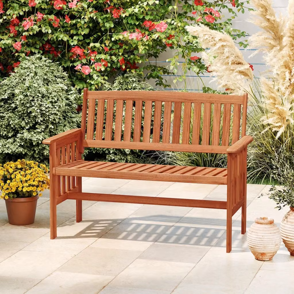 Panchina da giardino a 2 posti in legno massiccio marrone con schienale e braccioli per esterno, L: 119 cm – 2