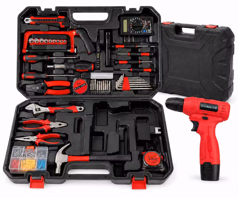 Set di 24 utensili Zelurxx, inclusi trapano avvitatore a batteria, cacciaviti, martello, pinze e altri strumenti per lavori di bricolage e riparazioni
