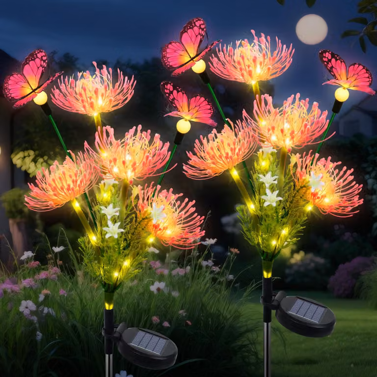 2 lampade solari a LED, design fiore e farfalla, multicolore, grado di protezione IP65, materiali: metallo/plastica