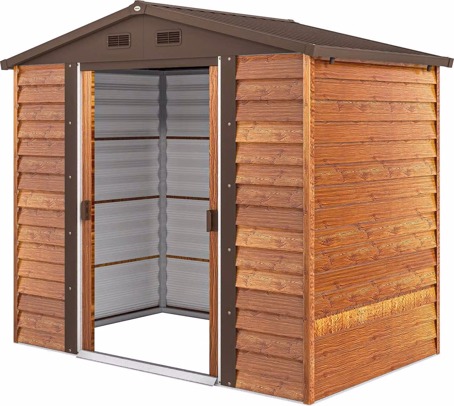 Capanno per attrezzi in metallo effetto legno 3 m² 152 x 235,7 x 208,7 cm Capanno per attrezzi con finestra sul tetto a due falde Doppie porte scorrevoli Casetta da giardino resistente alle intemperie Casetta da giardino esterna per cortile Marrone |