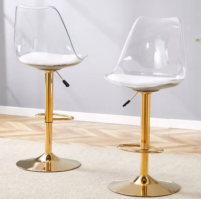 Set da 2 sgabelli bar REDOM trasparenti con seduta in ecopelle bianca e gambe oro