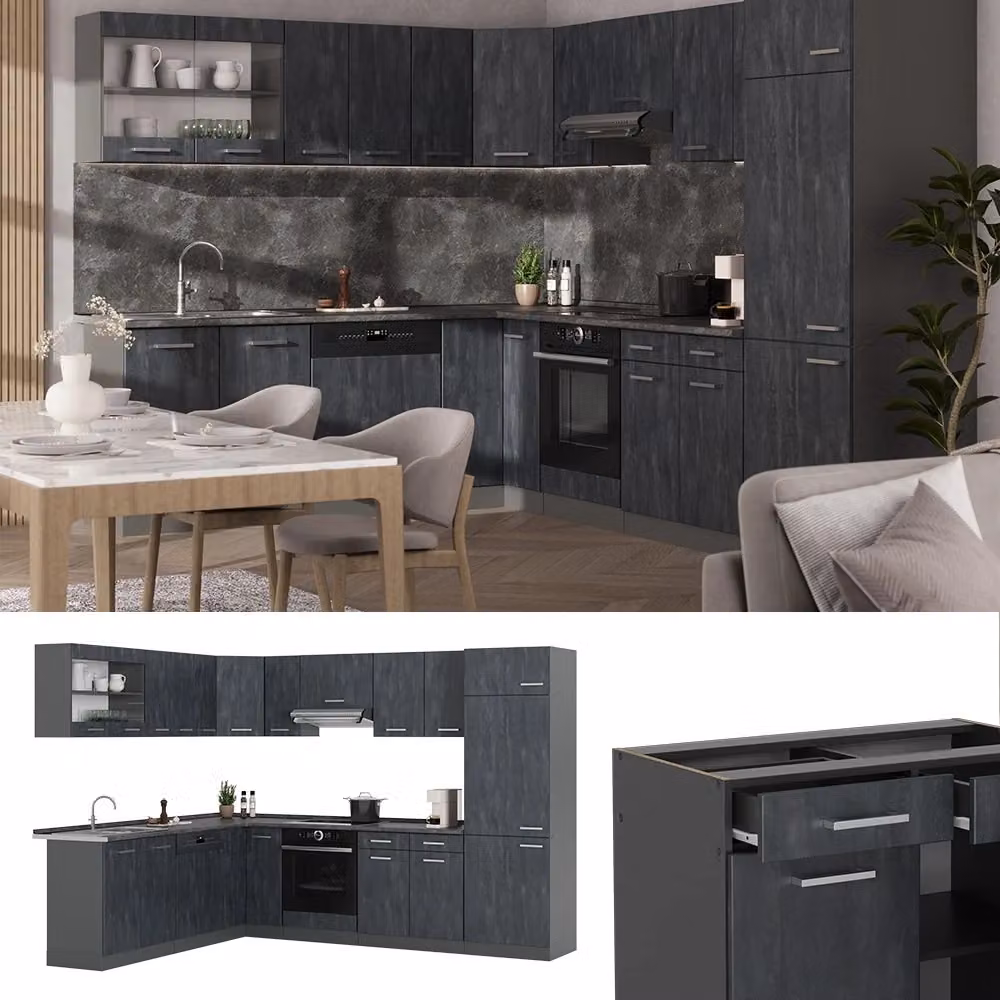 Cucina angolare moderna Vicco R-Line in finitura opaca Calce nera e Antracite con ante in vetro e illuminazione integrata L 287 cm x P 227 cm – 2