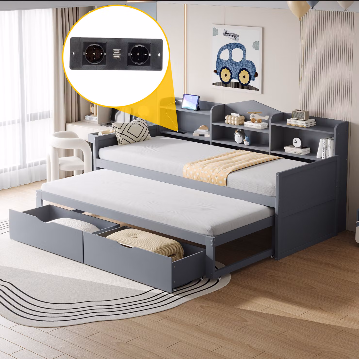 okwish divano letto 90*200, letto estraibile 90*190, letto singolo in legno, con due cassetti, ampio vano portaoggetti e cestino, presa USB, grigio, senza materasso