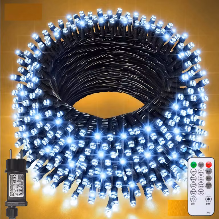 Catena luminosa a LED, 200 LED, 20 metri, luce bianca calda, 8 modalità, timer, grado di protezione IP44
