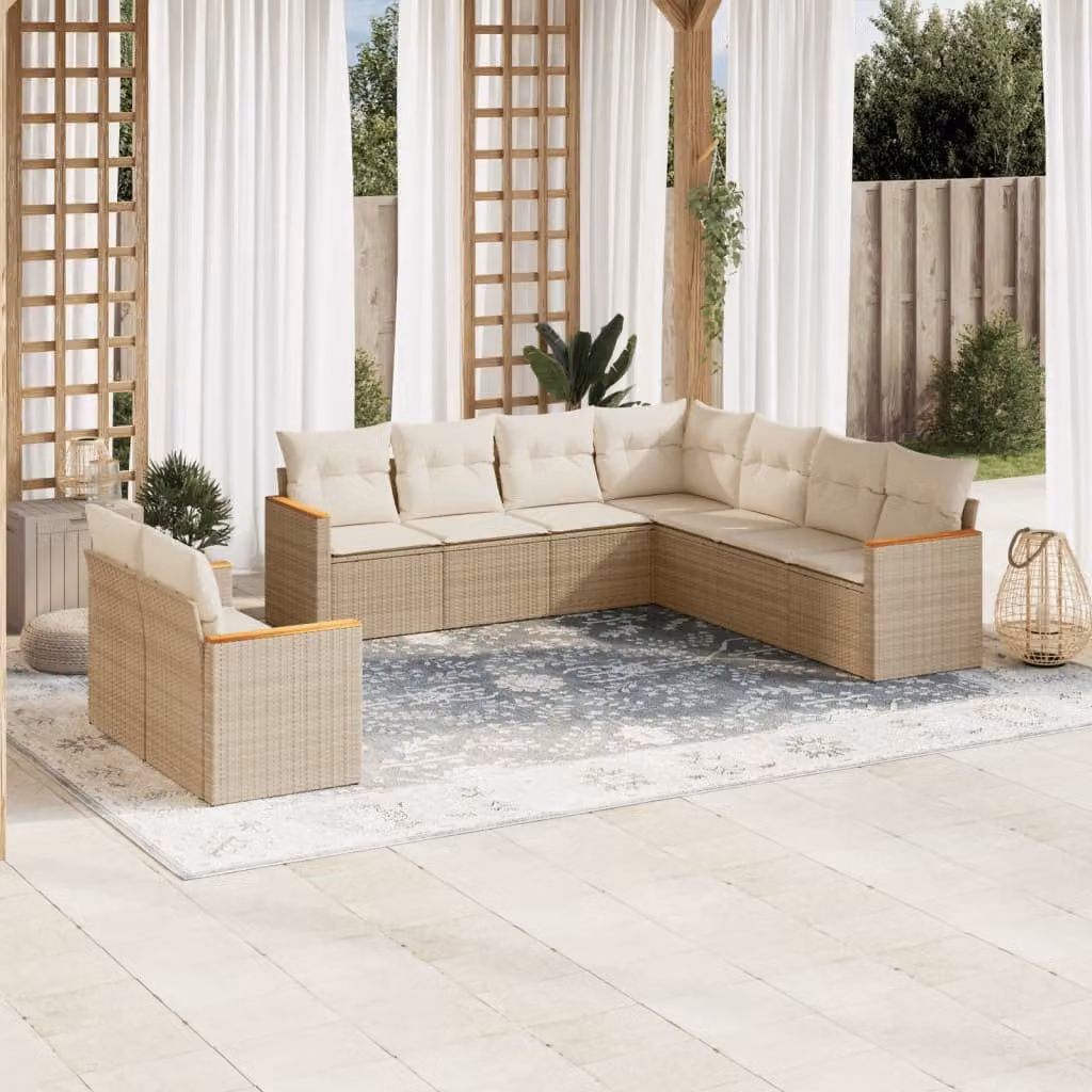 vidaXL Set Divano da Giardino a L 9 pz con Cuscini Beige e Struttura in Metallo e Polyrattan – 1