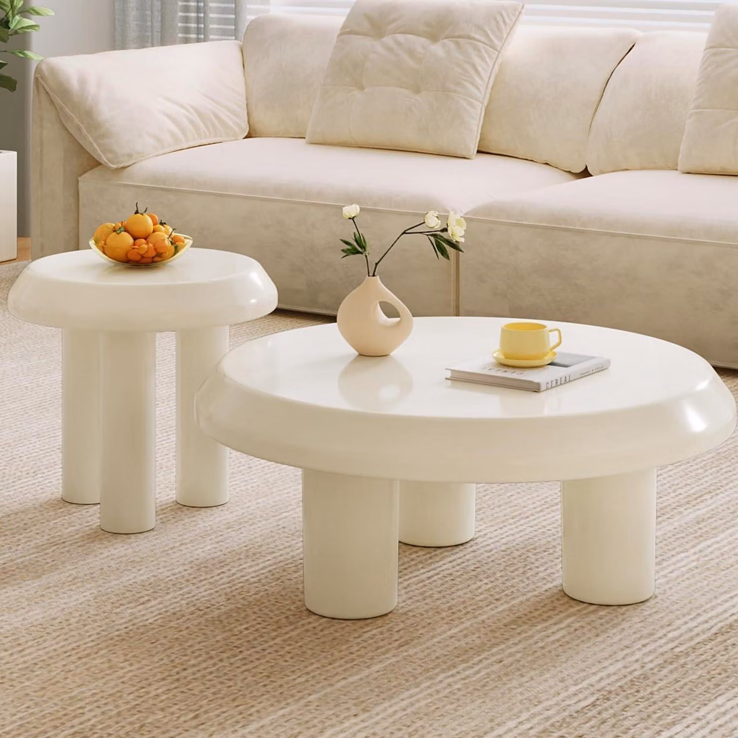 Set di tavolini da caffè rotondi, 2 pezzi, color crema, 2 in 1, ideali per soggiorno e camera da letto