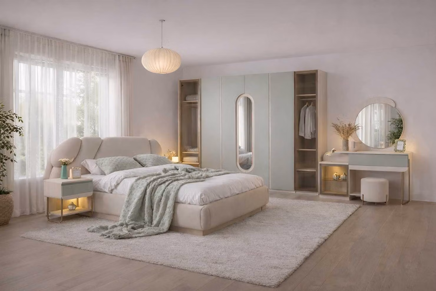 Letto, comodino, armadio, toletta, sgabello; stile moderno; colore beige