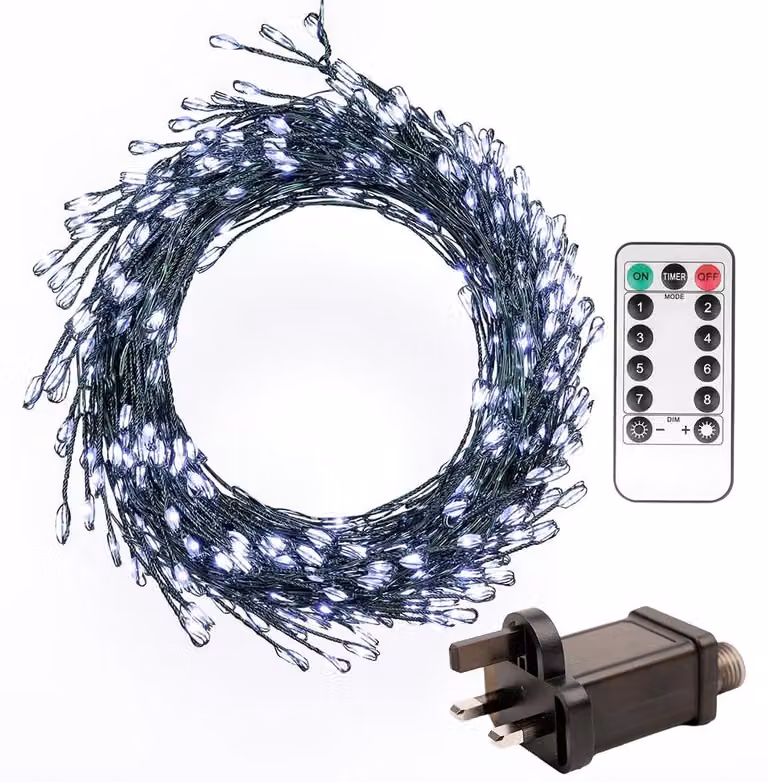 Catena luminosa a LED, lunghezza 9,8 metri, 300 LED bianco freddo, con telecomando