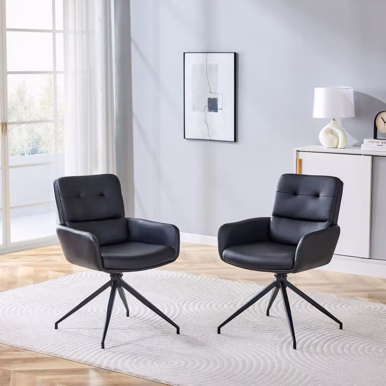 Set di due sedie girevoli, rivestite in PU, con gambe in metallo, girevoli a 360°, stile leggermente lussuoso (colore: nero)