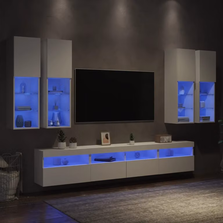 Set di mobili TV da parete moderno vidaXL composto da 7 pezzi con luci LED in colore bianco