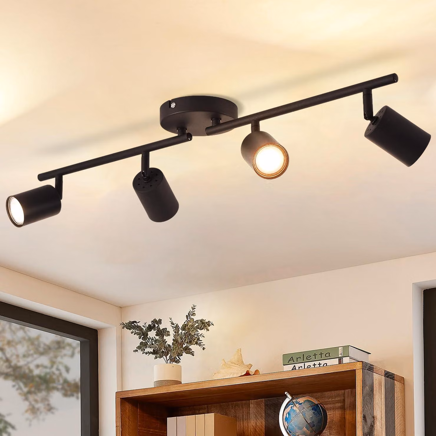 ANWIO Lampada da soffitto a LED, 4 luci, nera, faretto orientabile, barra luminosa GU10, lampada da cucina, lampada da soffitto, faretto, design moderno, ideale per soggiorno, cucina, camera da letto, corridoio (senza lampadine). Conforme agli standard UE