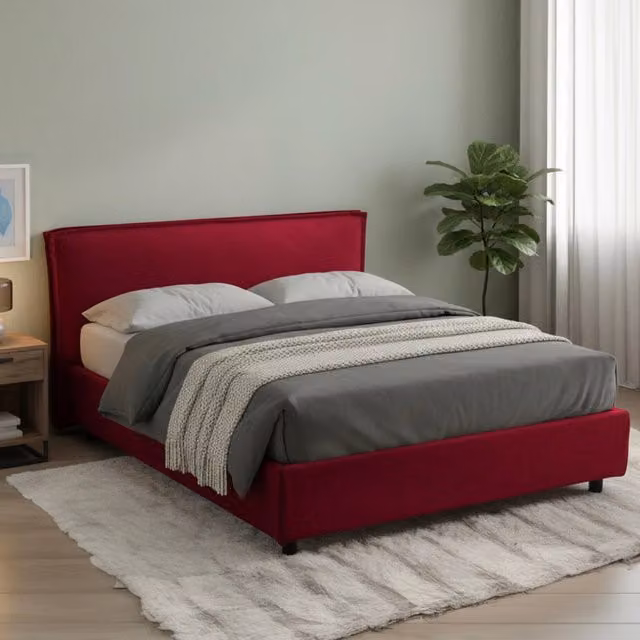 Letto alla francese Brienza DMORA con materasso incluso, base contenitore a sollevamento, rosso e nero, L: 120 cm x P: 200 cm