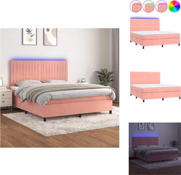 vidaXL Letto a molle con materasso e LED in velluto rosa 180x200 cm - Letti & strutture letto