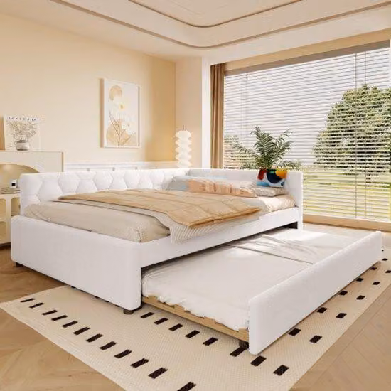 Divano letto a due posti, dimensioni 140x200 cm, con rete a doghe, senza materasso, lampada da comodino, porta USB di tipo C, rivestito in ecopelle confortevole, colore bianco
