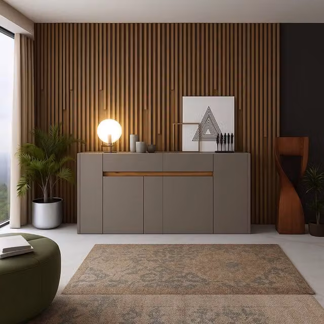 Madia Cirimido DMORA, Credenza moderna in legno con 3 ripiani, Grigio Tortora, L: 170 cm, P: 40 cm, H: 85 cm