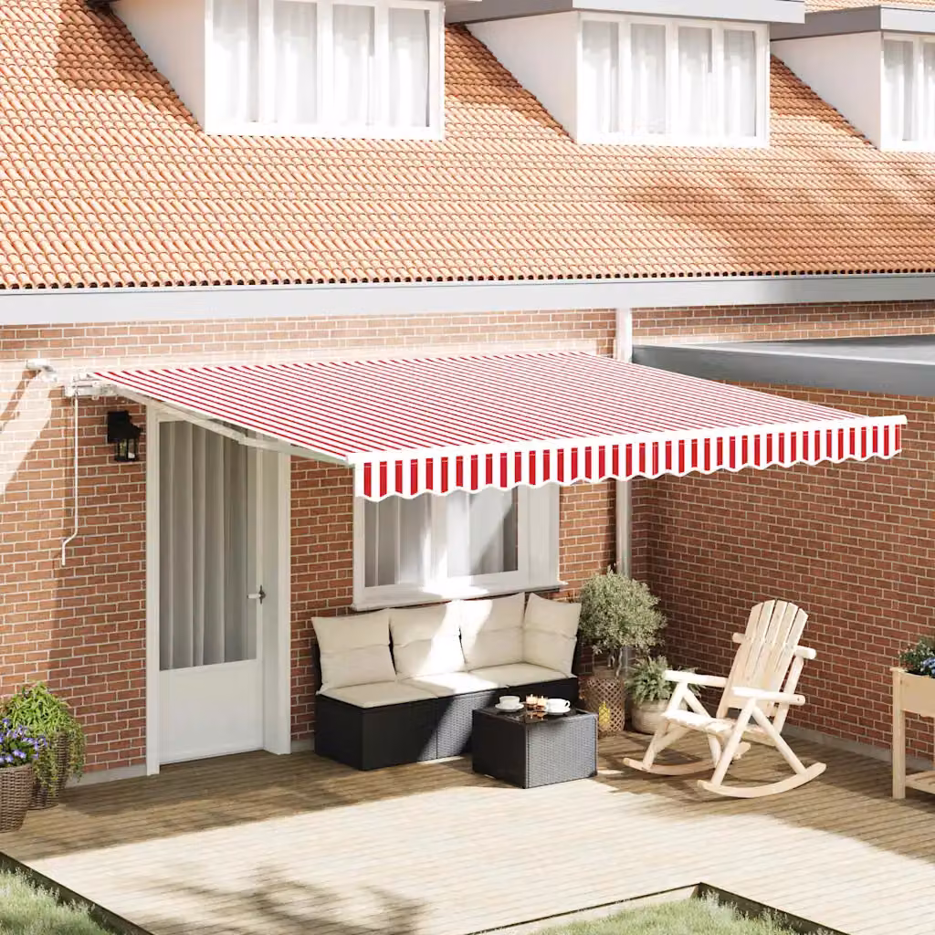 Tenda retrattile vidaXL con bracci pieghevoli e telecomando, Rosso e Bianco, Poliestere, L: 400 cm, P: 350 cm