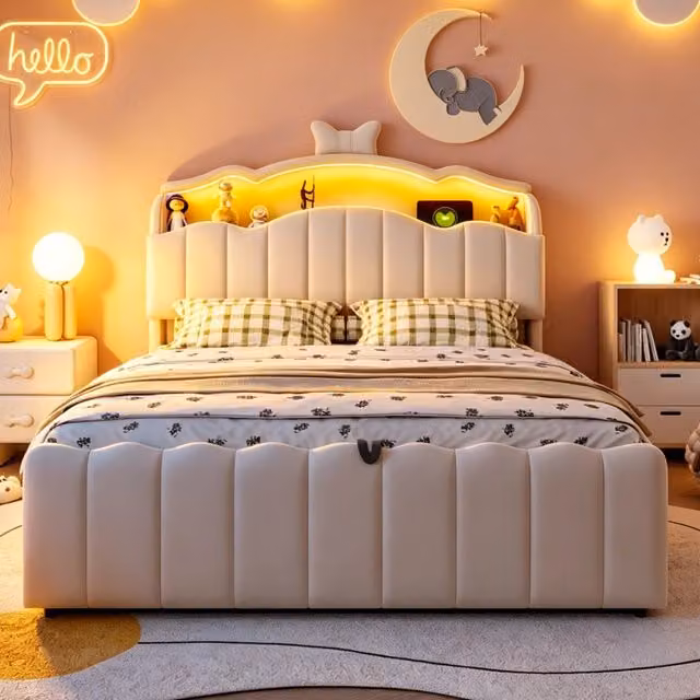 Letto contenitore Mivray in velluto beige con testiera apribile, illuminazione LED, porte USB e USB-C, L/P/H: 140 x 200 x 120 cm