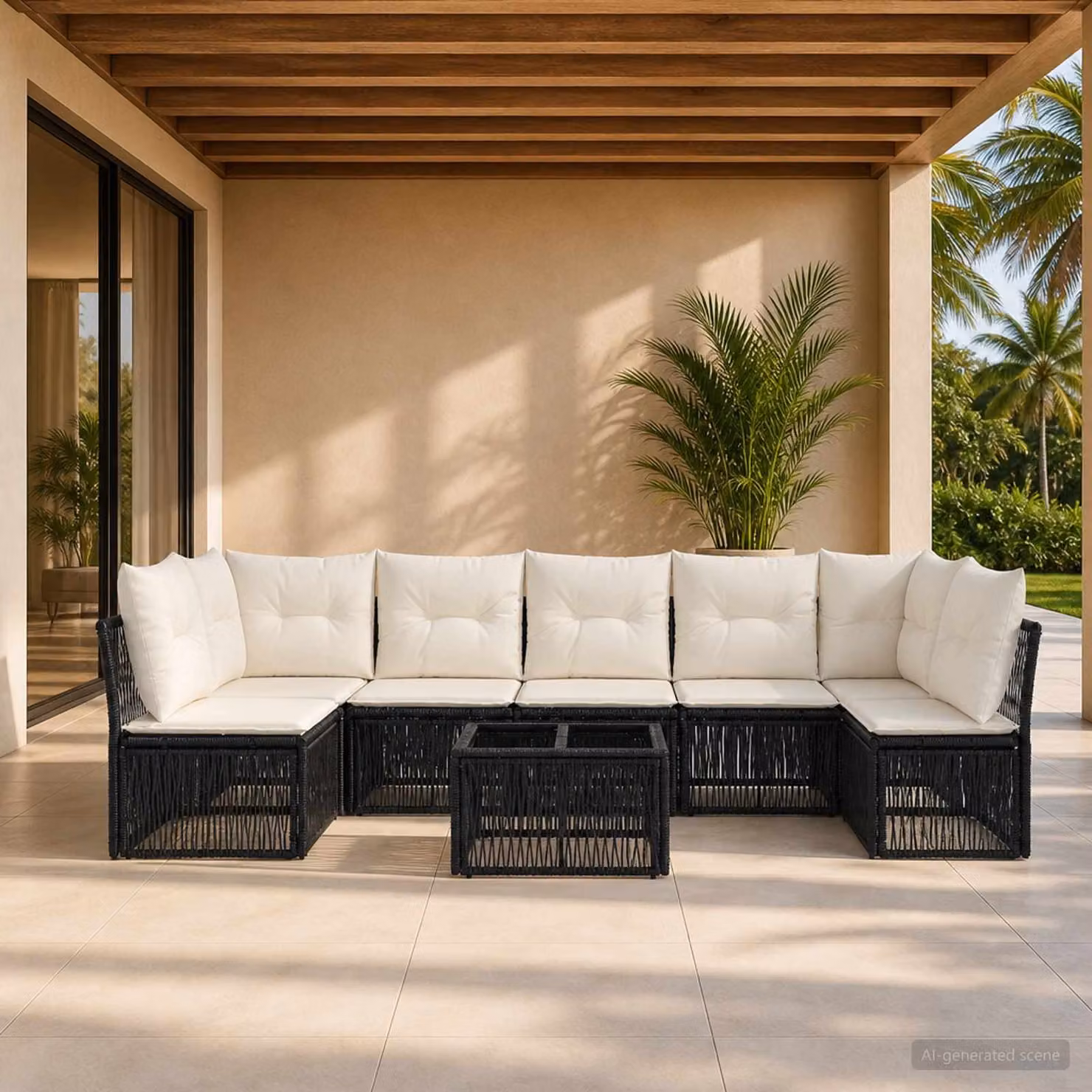 Set Divano da Giardino vidaXL 8 Pezzi Moderno a Forma di L con Tavolino e Cuscini, Colore Nero e Bianco