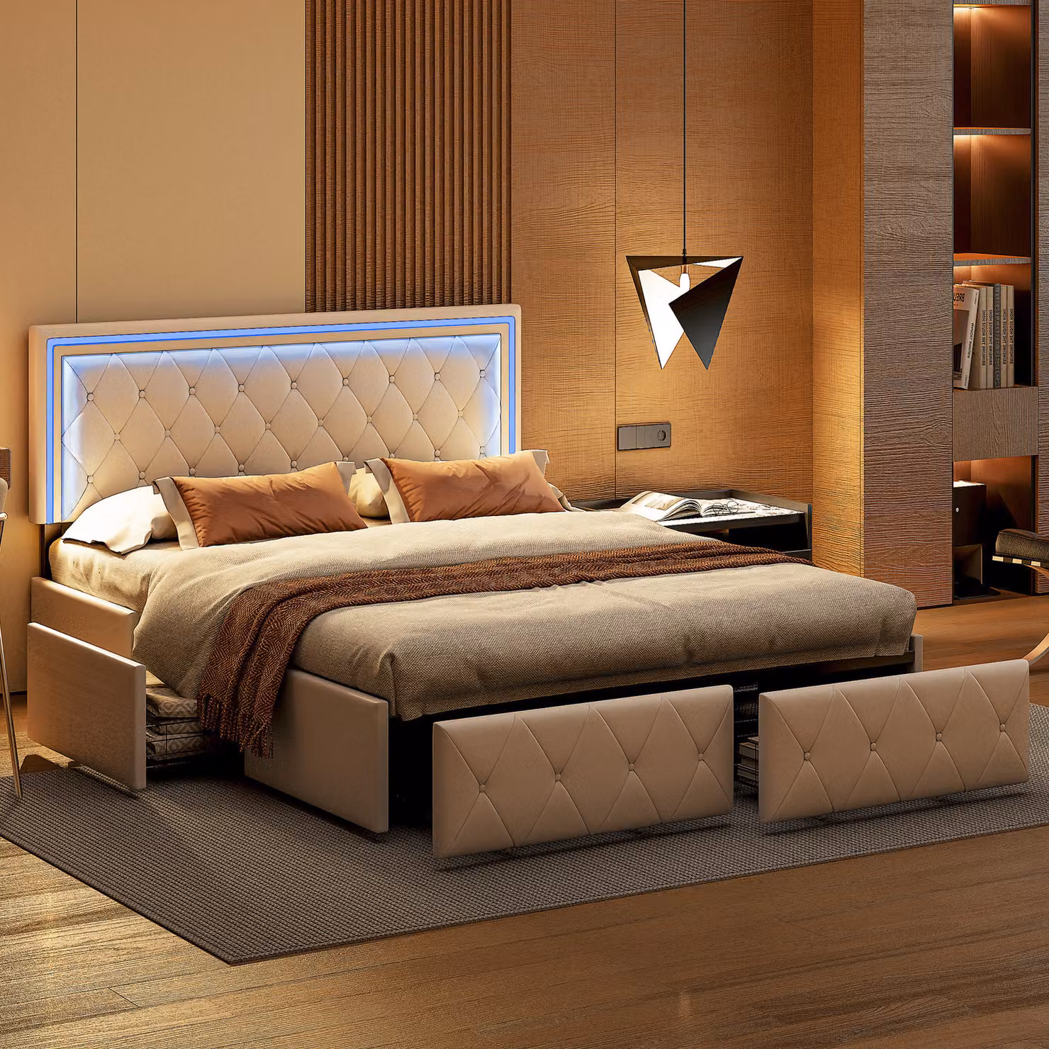 CDGlobal Letto imbottito 160x200cm con illuminazione a LED, letto matrimoniale 4 cassetti e testata regolabile, letto contenitore moderno Struttura letto con rete a doghe, in PU, per adulti e ragazzi, bianco