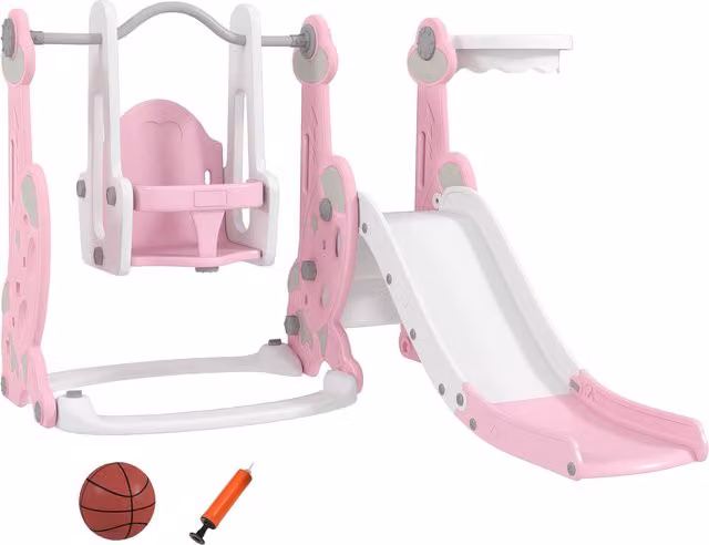 AIYAPLAY Scivolo 4 in 1 con Altalena, Scaletta da Arrampicata e Cestino da Basket per Bambini 18-48 Mesi, Rosa