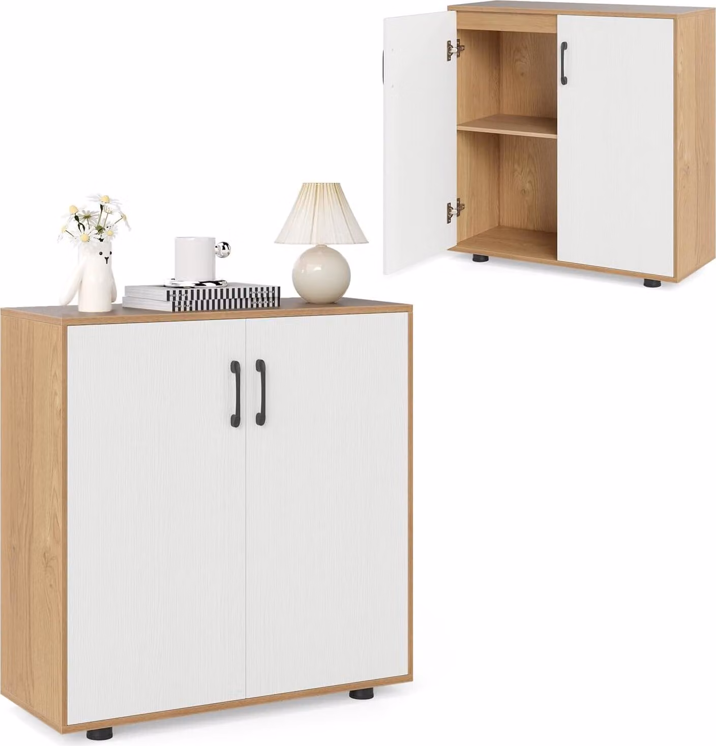 KOMFOTTEU Credenza a 2 ante, credenza con base regolabile, mobile da cucina con sistema antiribaltamento, mobile contenitore da cucina per sala da pranzo, soggiorno, ingresso, 80 x 31,5 x 82 cm (colore naturale)