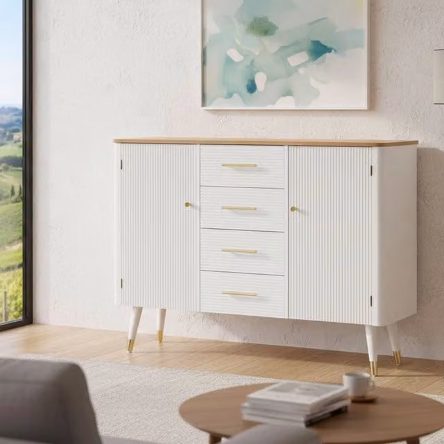 Credenza Acute, Buffet da soggiorno, Madia da salotto, Dispensa da cucina, 117x37 h90 cm, Bianco e Marrone