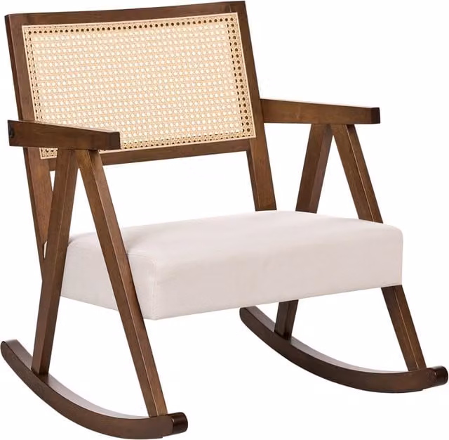 Poltrona a dondolo imbottita con schienale Vienna stile scandinavo struttura in legno di gomma tessuto marrone e beige chiaro