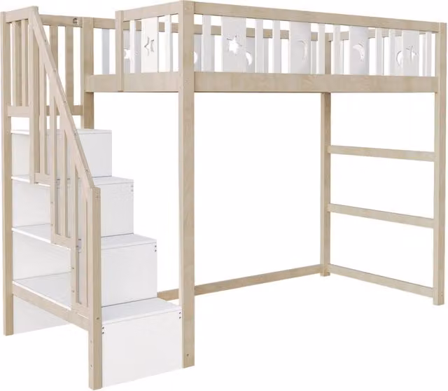 Letto a castello per bambini 90x200 cm in legno massello con scaletta contenitore, sponde di sicurezza e decorazioni a stella e luna
