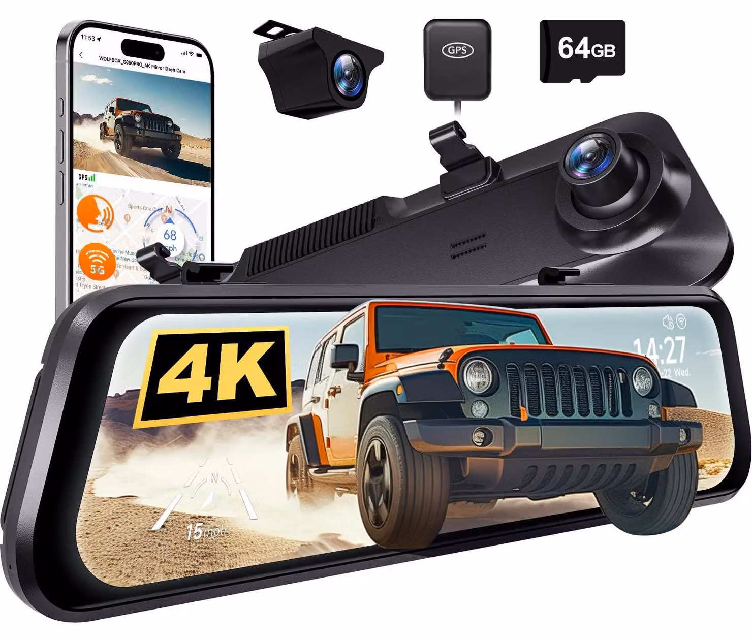 Dashcam, registrazione in 4K, funzionalità Wi-Fi, modello G850 PRO (senza kit hardware), scheda TF da 64G inclusa