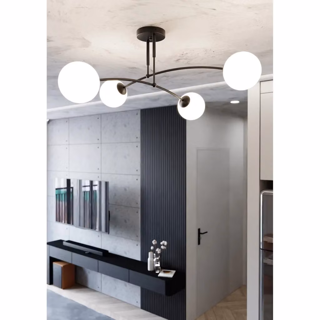 Plafoniera Moderna Luceart-Classic con 4 Luci a Sfera in Vetro Bianco e Acciaio Nero – 2