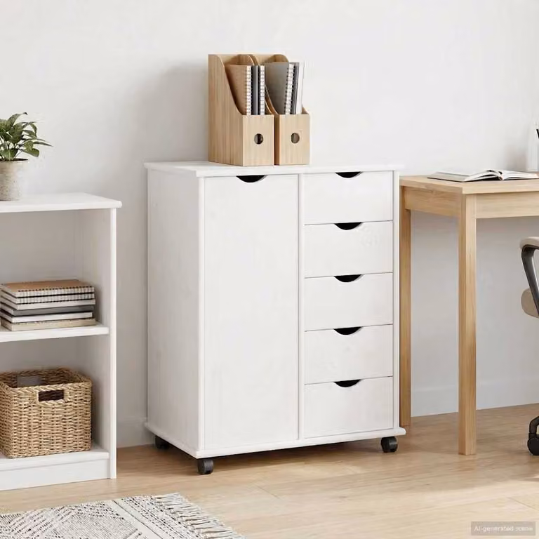 Carrello mobile con ruote vidaXL in legno di pino massello bianco L: 63,5 cm, P: 39 cm, H: 79 cm