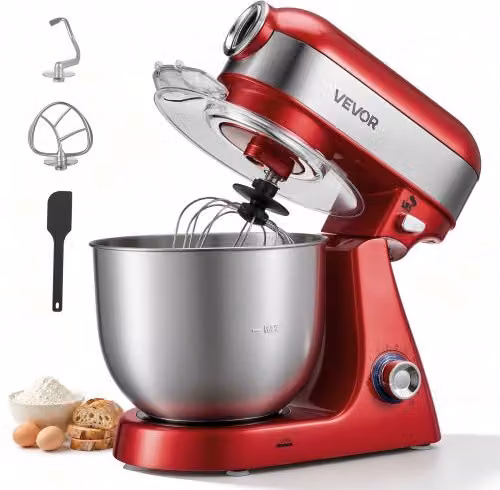 Impastatrice Elettrica Planetaria VEVOR Rosso, Potenza 1000 W, Ciotola in Acciaio Inox 5 L, 10 Velocità, con Gancio Impastatore e Sbattitore