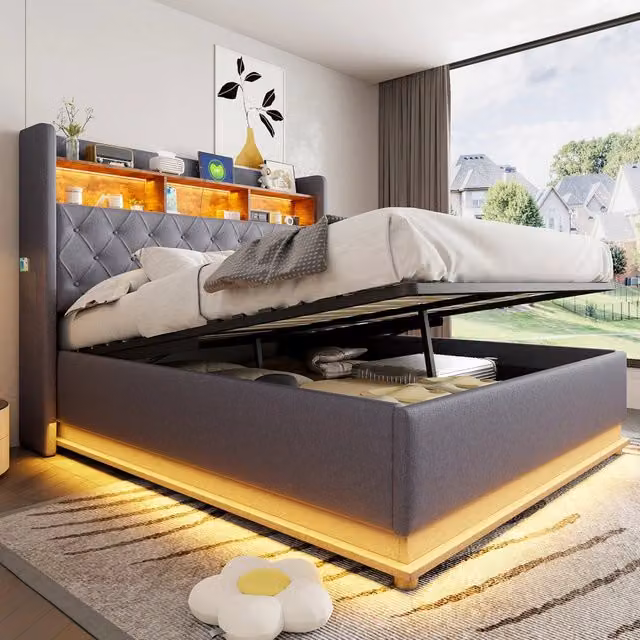 Letto imbottito LED 160 x 200 cm con contenitore idraulico e porta USB, rivestimento in lino - Grigio