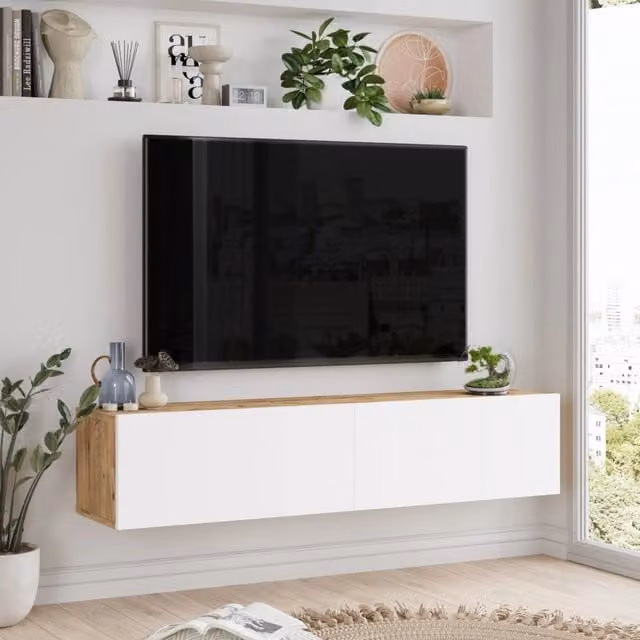 Mobile Porta TV Lapinlahti en.casa con 2 Ante a Ribalta, Consolle da Parete Moderna in Rovere e Bianco, L: 140 cm, P: 31,5 cm, H: 29,5 cm – 1