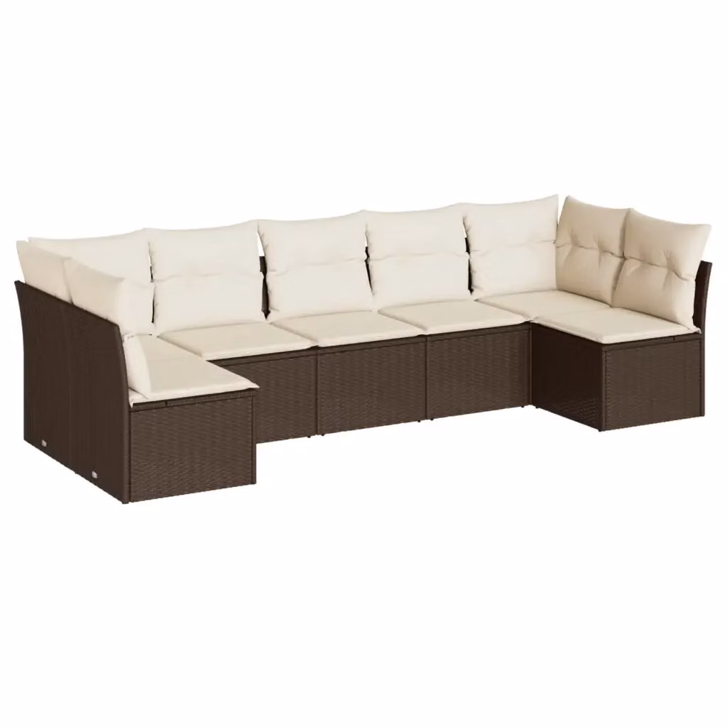 Set di Divani da Giardino vidaXL 7 pz a Forma a L con Cuscini Marrone e Bianco in Polyrattan e Acciaio – 2