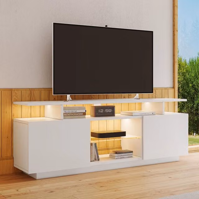 Mobile porta TV OKWISH bianco lucido con LED controllati da app per soggiorno, 2 ante e 5 vani aperti, L 140 cm x P 35 cm x H 55 cm