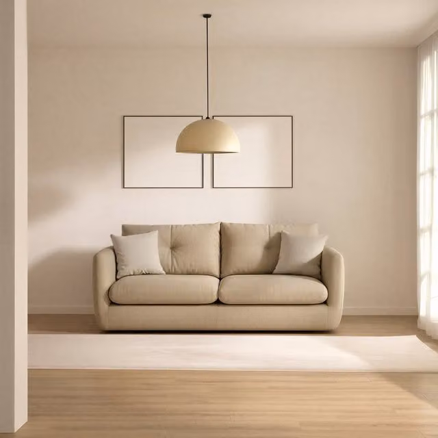 Divano 3 posti Banak Aurel beige con cuscini in tessuto e struttura in legno