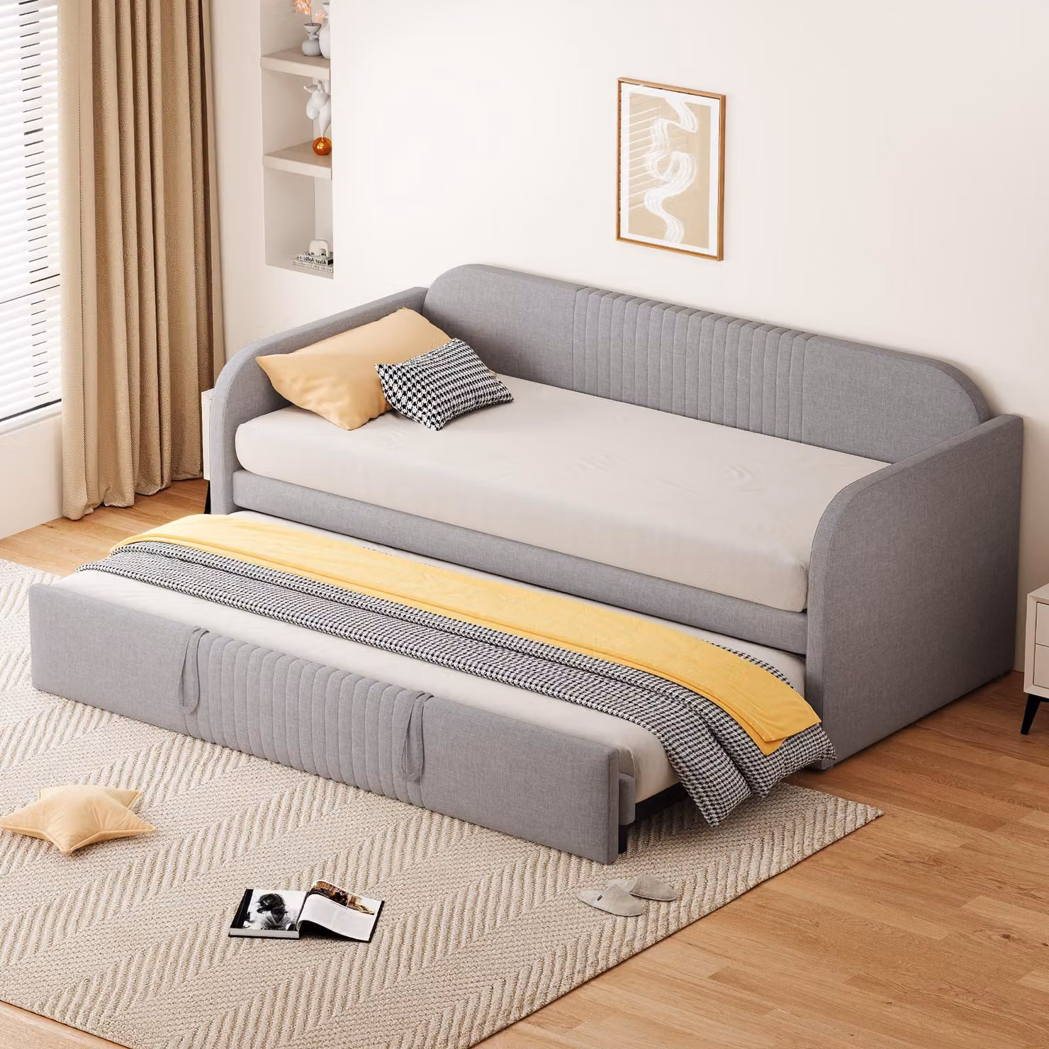 Divano letto Flieks 90x190cm/180x190cm, divano letto imbottito con letto estraibile, letto singolo per ragazzi con rete a doghe, biancheria da giorno, grigio