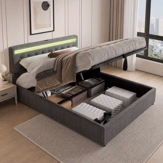 Letto imbottito 160 x 200 cm con contenitore idraulico; LED; USB e Type-C; grigio