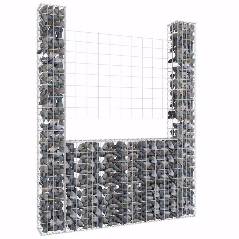 Gabbione a U con 2 pali in ferro vidaXL, colore grigio/argento, L 140 cm x P 20 cm x H 200 cm