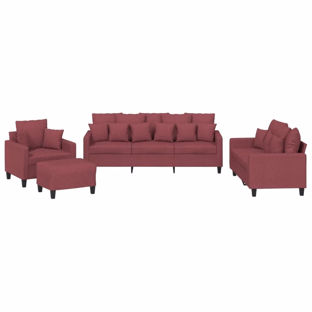 Set di Divani 4 pz con Cuscini Rosso Vino in Tessuto