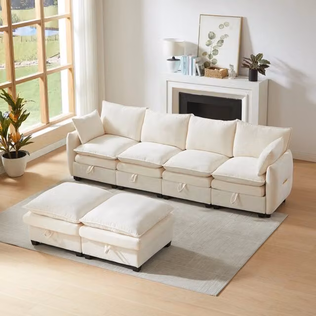 Divano componibile 281x147x89 cm con contenitore per 5 o 6 posti in ciniglia beige