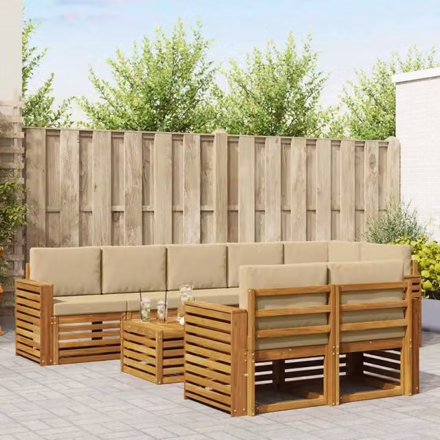 Set di divani da esterno a L vidaXL in legno di acacia con tavolo da caffè, colore beige e marrone, composto da 9 pezzi con cuscini inclusi – 1