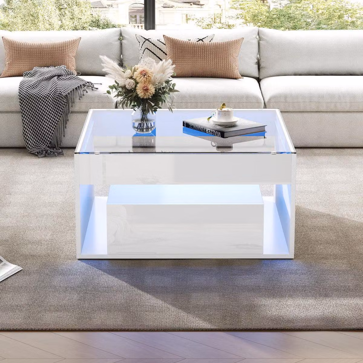 Tavolino bianco, dimensioni 70x70x35 cm, con 2 cassetti, piano in vetro temperato con illuminazione LED e finitura lucida