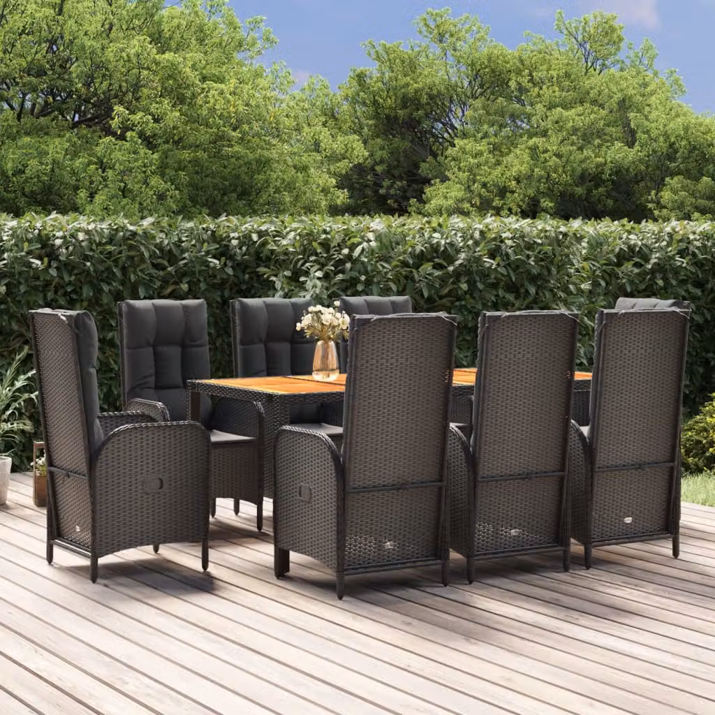 Set da pranzo da giardino vidaXL in polyrattan nero con cuscini e tavolo in legno di acacia