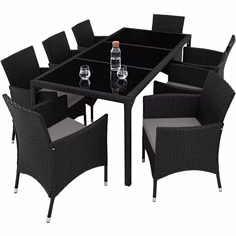 Set da giardino moderno TecTake in polyrattan e vetro, 8+1 posti, nero/grigio