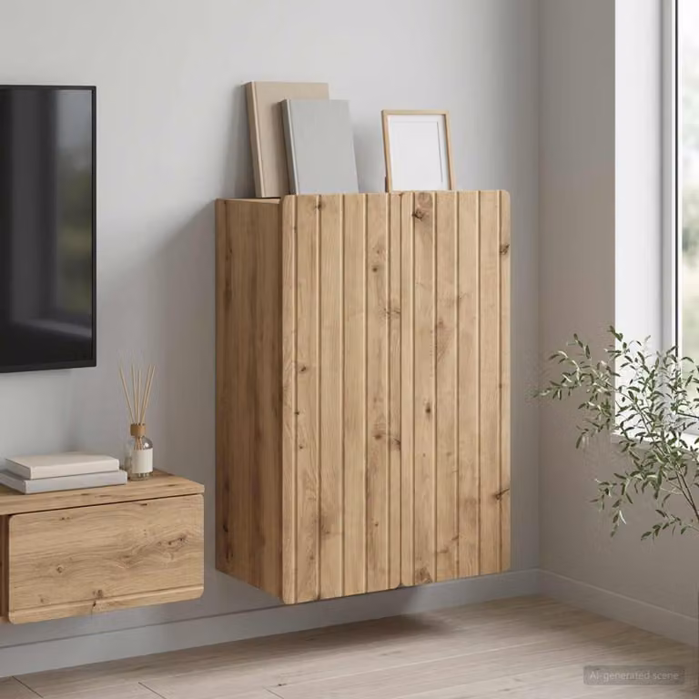 Mobiletto a muro moderno vidaXL in legno color rovere marrone con ante a battente e ripiani interni L/P/H: 66 x 34,5 x 92 cm