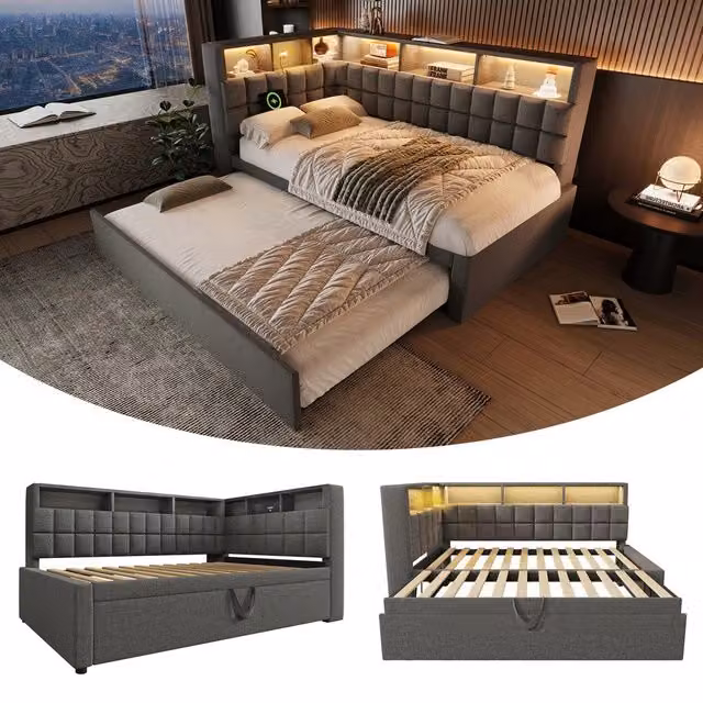 Letto imbottito 90x200 con letto estraibile 90x190 ¨C Minimal ¨C Grigio con LED rete doghe senza materasso