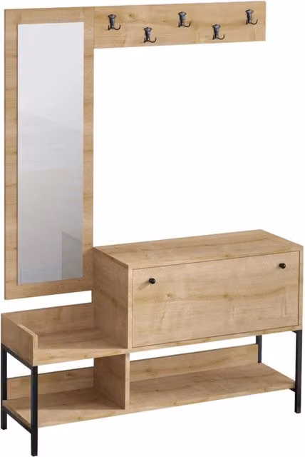Scarpiera Hanah Home in legno con specchio e ripiani interni, Beige, L: 120 cm, P: 35 cm, H: 70 cm