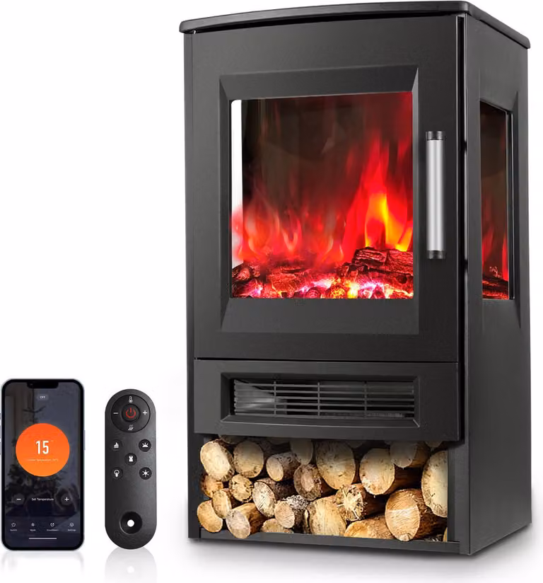 Camino elettrico con display LCD e telecomando, potenza 900/1800 W, modello da pavimento, colore nero